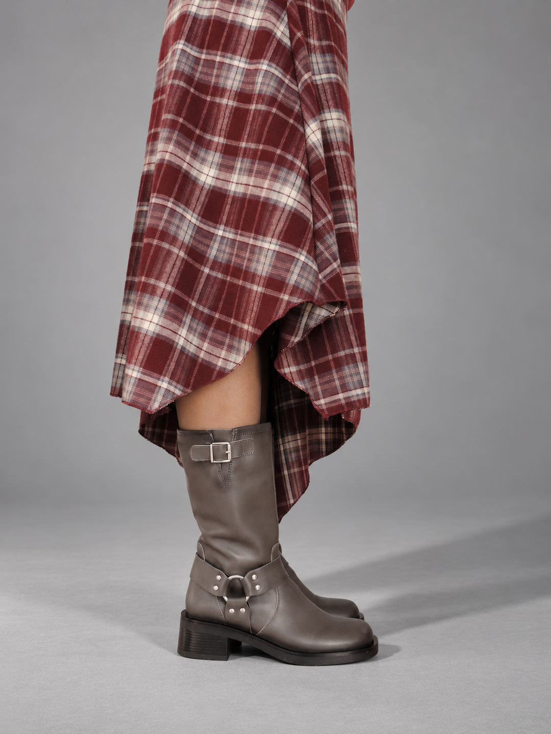 WOMEN'S GRAY LEATHER BIKER BOOT