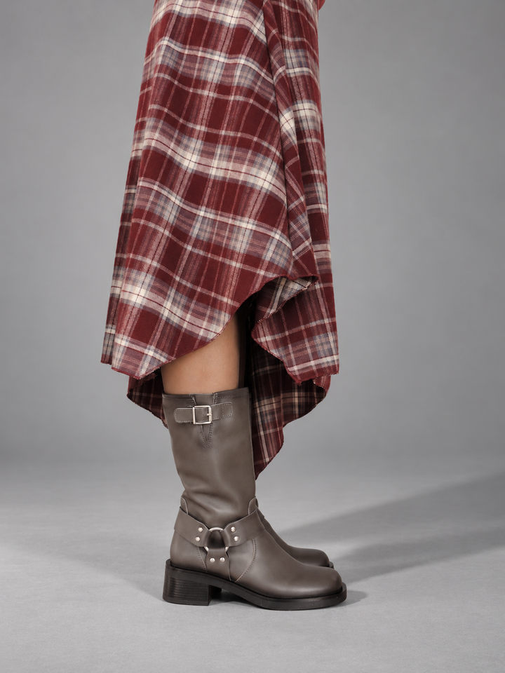 WOMEN'S GRAY LEATHER BIKER BOOT