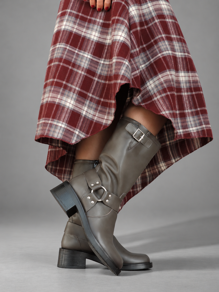 WOMEN'S GRAY LEATHER BIKER BOOT