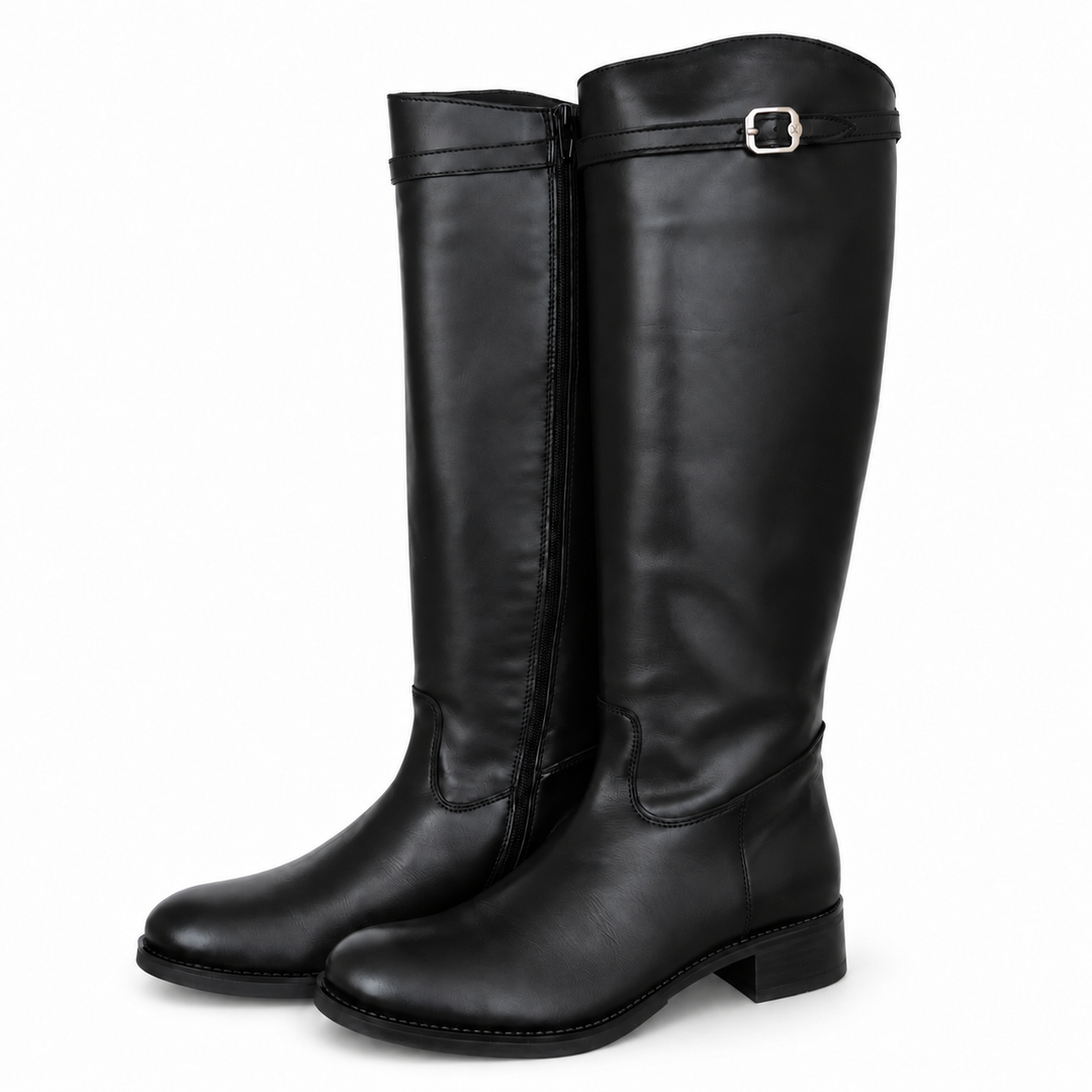 WOMEN'S BLACK LEATHER BOOT WITH BUCKLE
